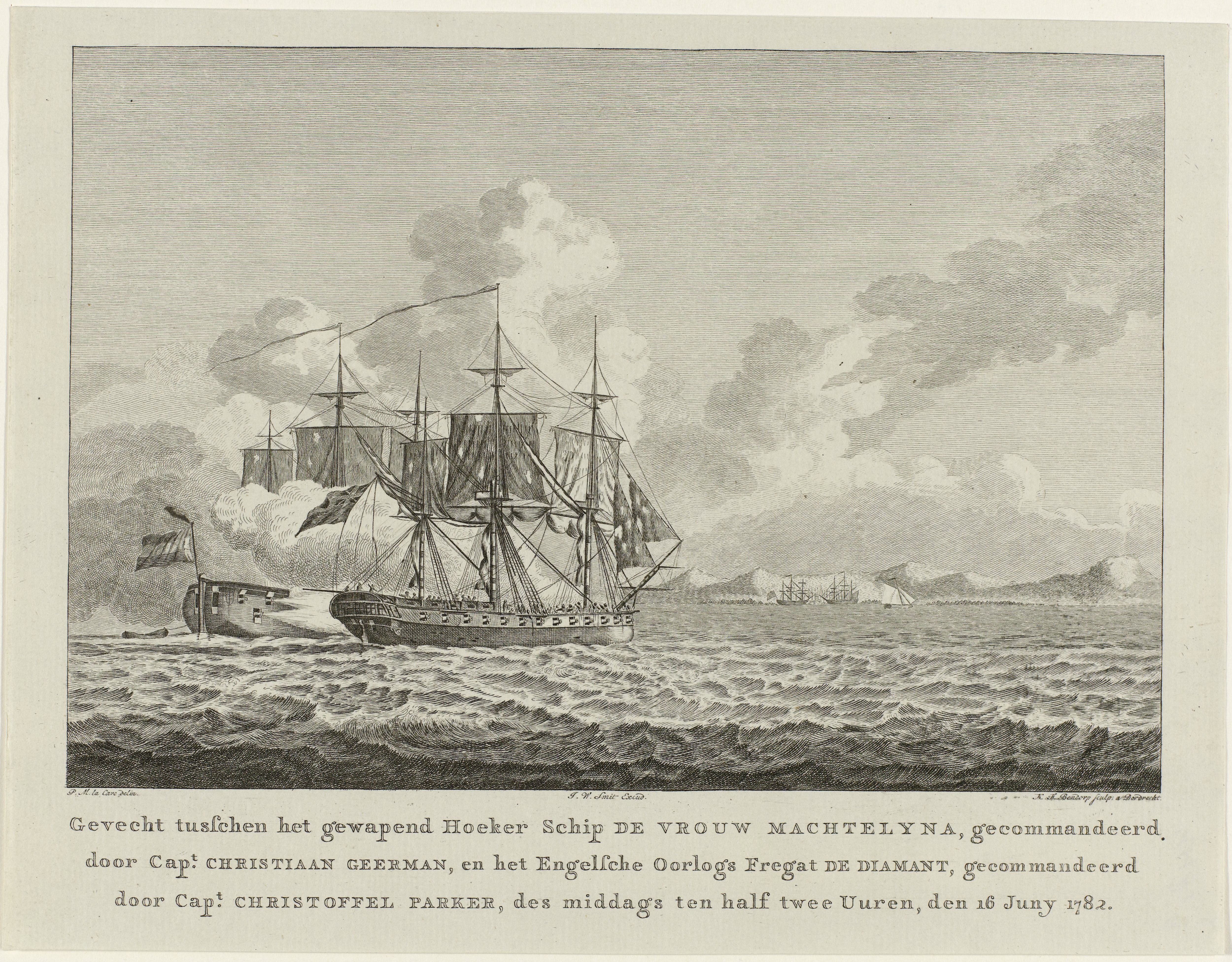 Gevecht tussen hoekerschip Vrouw Machtelyna en Engels fregat Diamant voor de haven van Curaçao, 1782, Carel Frederik Bendorp (I), naar P.M. la Cave, 1782, bron: Rijksmuseum, RP-P-OB-85.233