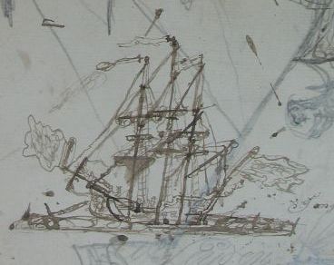De enigszins kinderlijke tekening (grote vlaggen) van Jacob Smit van een VOC-schip op een pagina van zijn schoonschrift