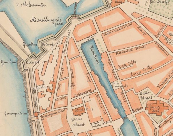 Detail van een plattegrond van Vlissingen omstreeks 1740. De kaaskade is gesitueerd ter plaatse van de huidige Spuistraat, tekening A. ter Meer Derval, Den Haag, 30 augustus 1931, Gemeentearchief Vlissingen, HTA 2041.