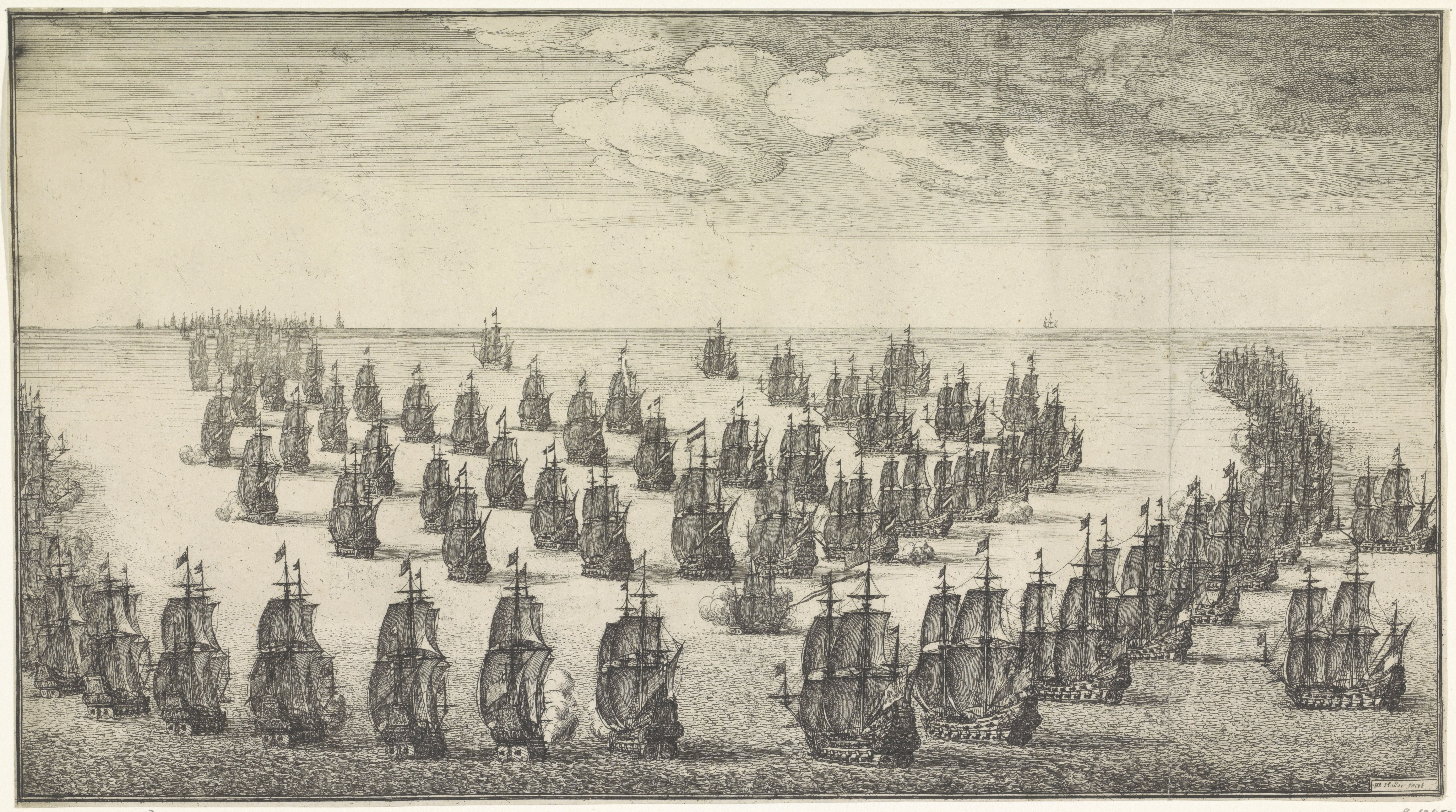 Zeeslag tijdens de Tweede Engelse Oorlog, ets Wenceslaus Hollar, 1666, Collectie Rijksmuseum Amsterdam, RP-P-1920-2671(a3)